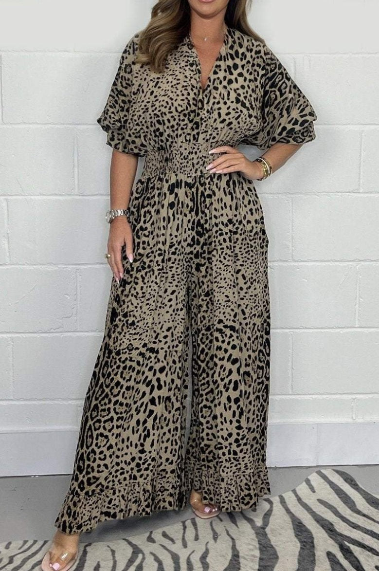 Combinaison femme à décolleté en V, jambes larges et imprimé animalier Echoarchiv