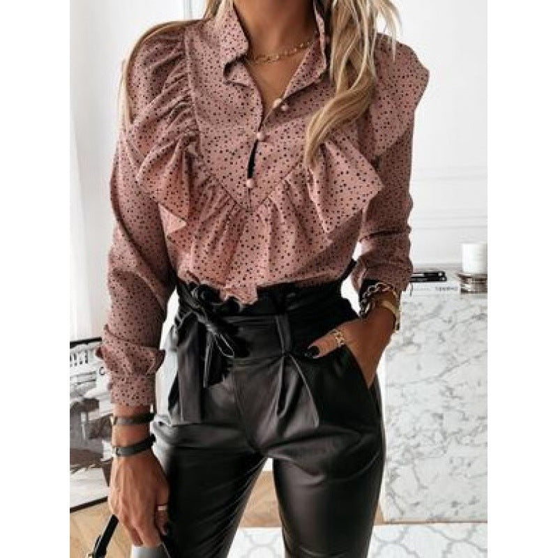 Blouse volant femme avec col à volants, taille froncée et imprimé à pois Echo Archive