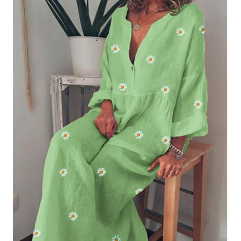 Robe maxi en look lin pour femmes avec décolleté en V profond, taille empire décontractée et imprimé marguerites Echo Archive