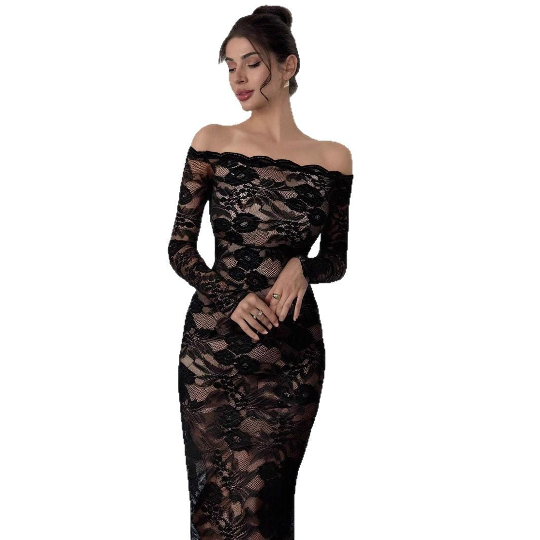 Robe en dentelle ajustée sans épaules pour femmes avec manches longues R&B