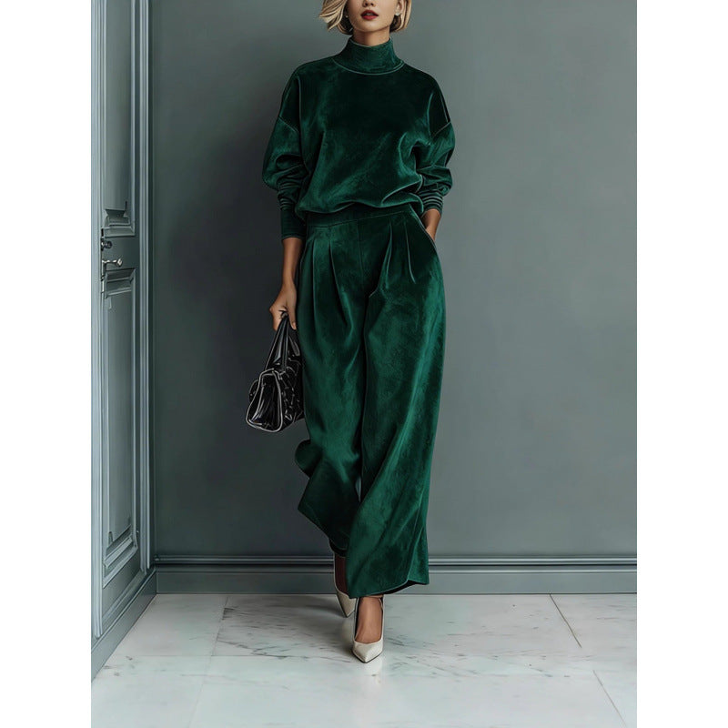 Ensemble de Loungewear en Velours à Deux Pièces pour Femmes avec Col Montant et Pantalon Palazzo Plissé Echoarchiv