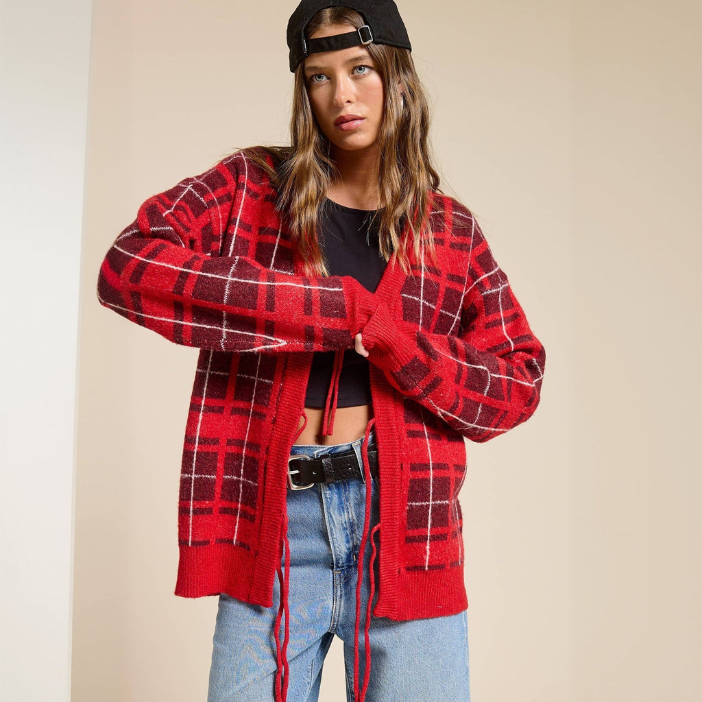 Cardigan en maille à carreaux oversize pour femmes avec ceinture et poches plaquées Echoarchiv