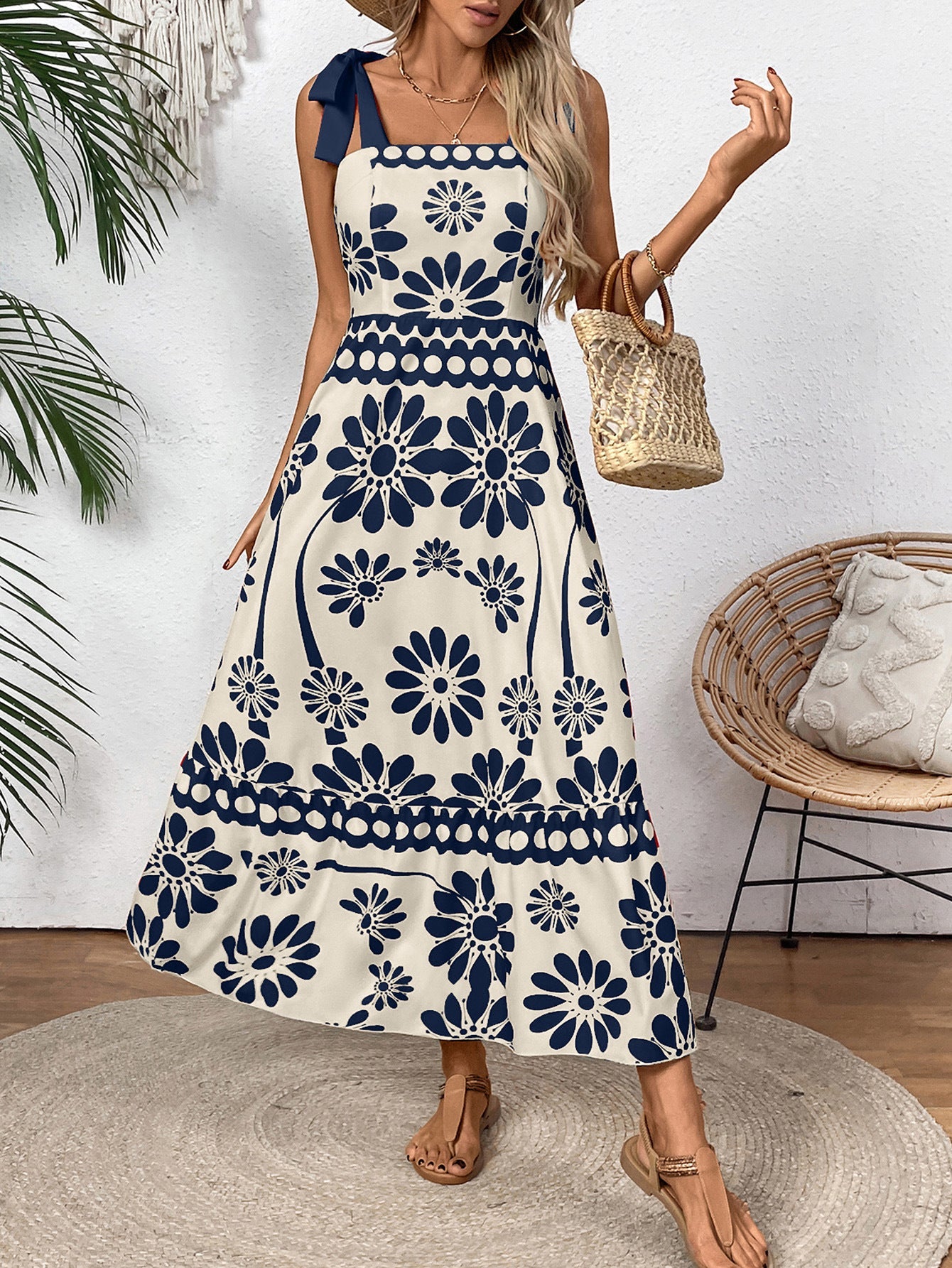Robe maxi élégante pour femmes avec motif floral et bretelles charmantes R&B