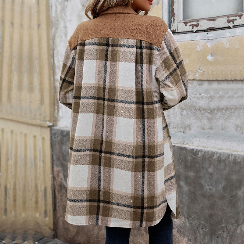 Veste à carreaux pour femme avec poches et boutons, manches longues