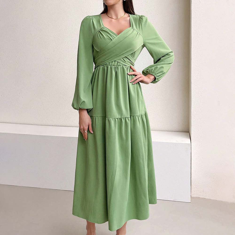 Robe midi à manches longues pour femmes avec bustier drapé croisé, couture élastique sous la poitrine et jupe à volants à deux niveaux