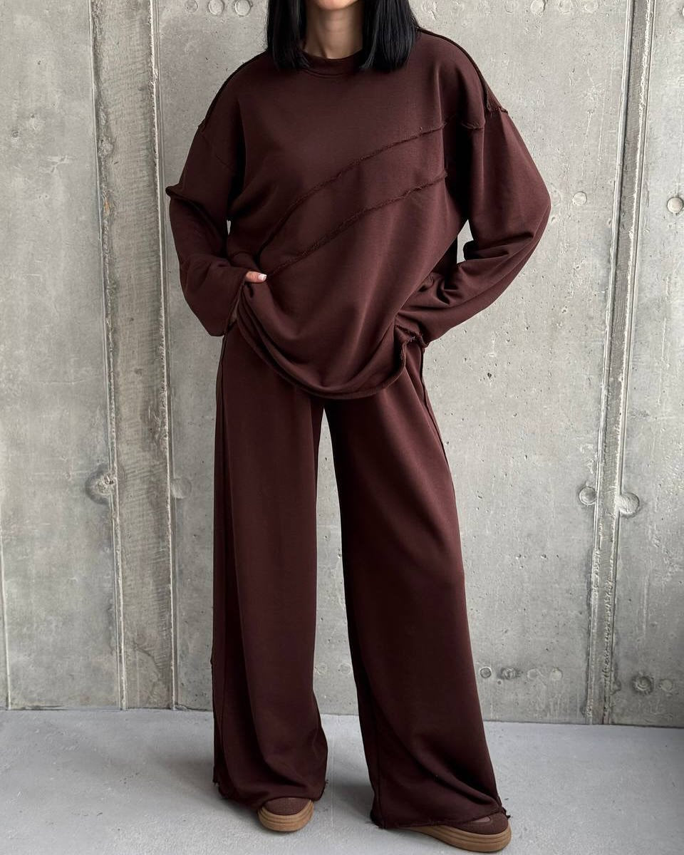 Ensemble lounge oversize doux pour femmes avec coutures décoratives diagonales et pantalon palazzo extra large Echo Archive
