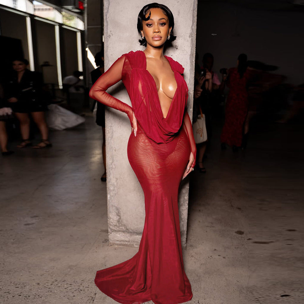 Robe longue élégante pour femmes avec décolleté en V profond et fronces Heidi-Mode