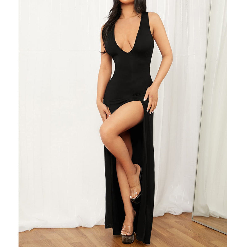 Robe Maxi Élégante pour Femmes avec Décolleté en V Profond et Fentes Latérales R&B