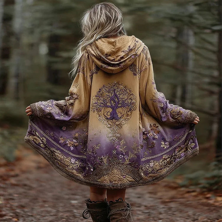 Manteau à capuche Boho pour femmes en coupe évasée avec motif arbre et dégradé Echoarchiv