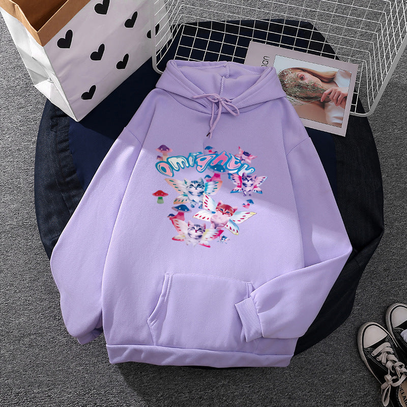 Sweat à capuche pour femmes avec un imprimé ludique de chat et de papillon et poche kangourou Echo Archiv