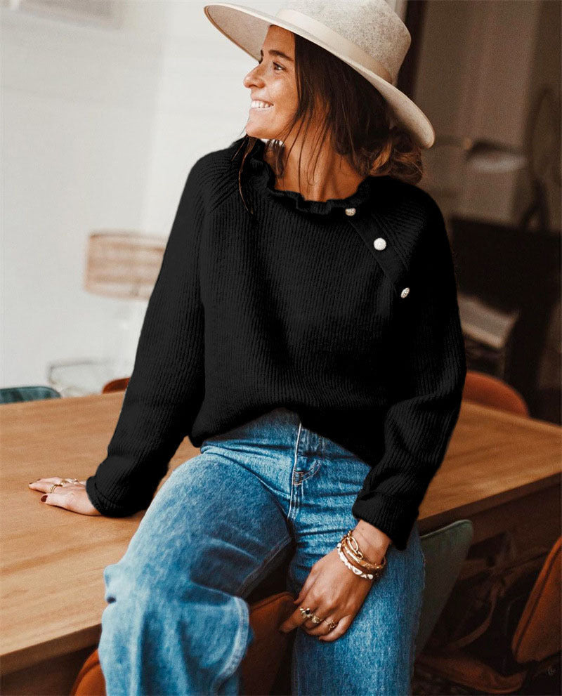 Pull en maille côtelée pour femmes avec col à volants et patte de boutonnage latérale