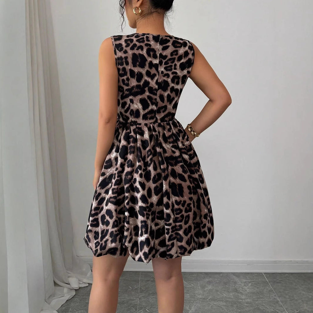 Robe de soirée courte pour femmes avec motif léopard, appliques florales et jupe ballon cintrée R&B