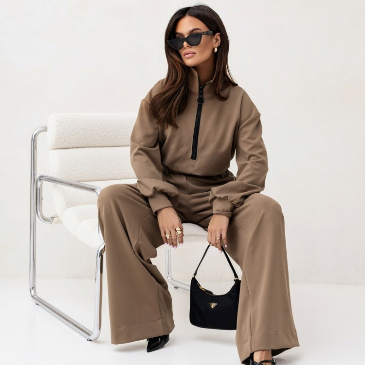 Pull zippé décontracté pour femmes avec taille élastique et pantalon palazzo extra large Ensemble Echo Archiv