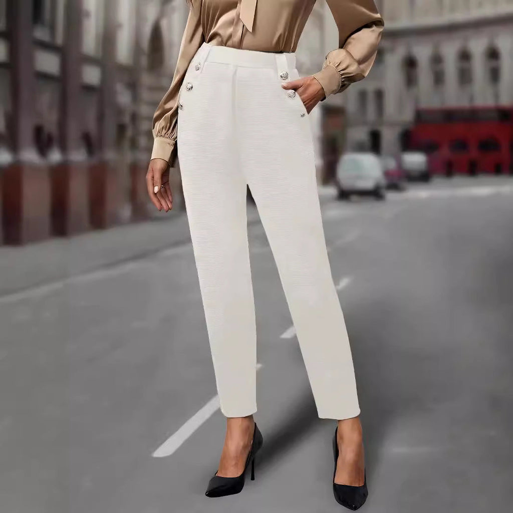 Pantalon de costume taille haute pour femmes avec boutons décoratifs