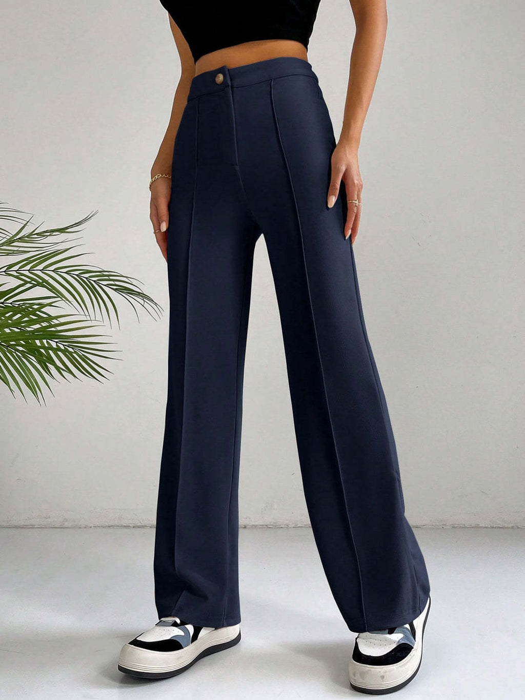 Pantalon Palazzo Femme Taille Haute avec Pli Marqué et Jambes Amples