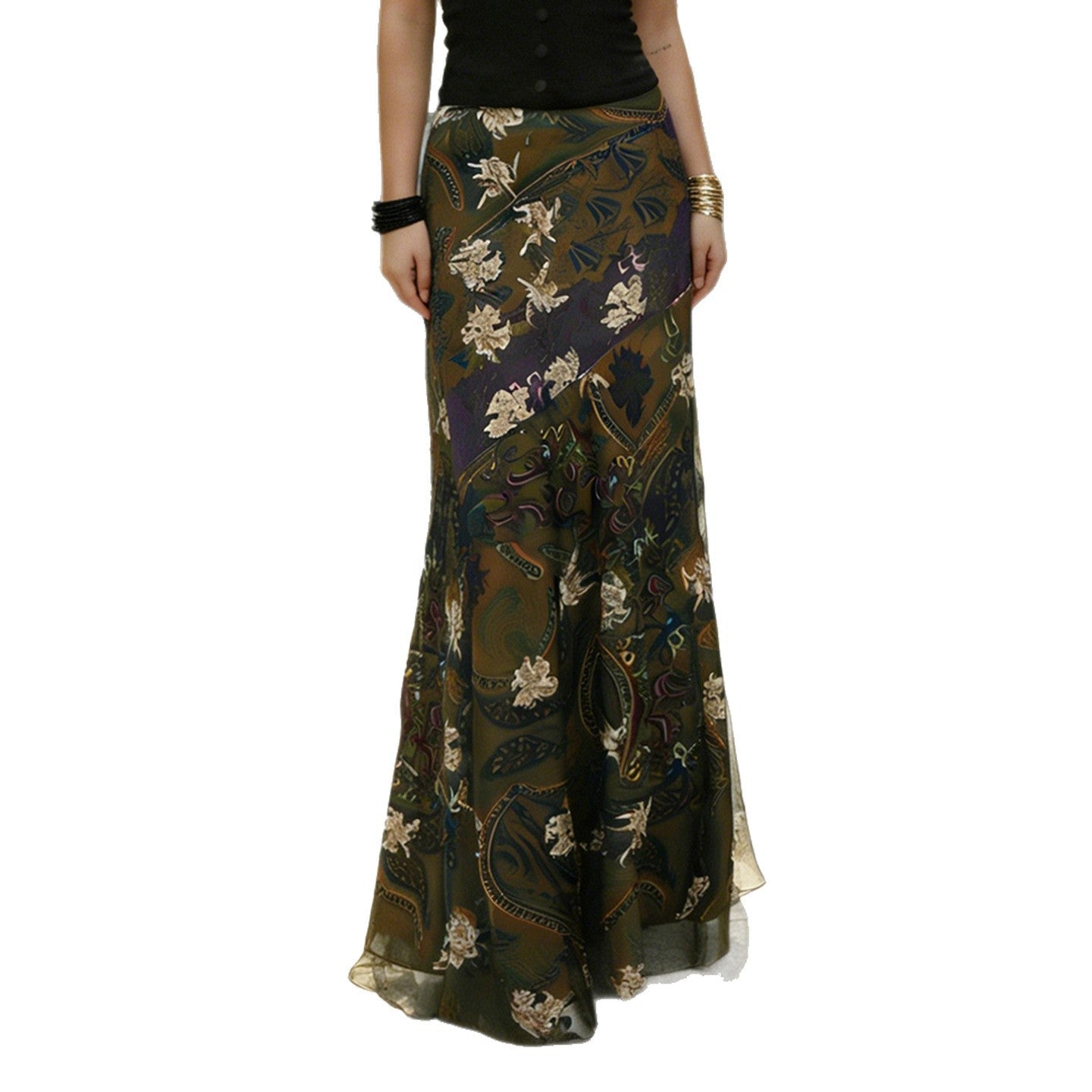 Jupe longue et élégante pour femmes au style vintage avec motif floral et coupe fluide R&B