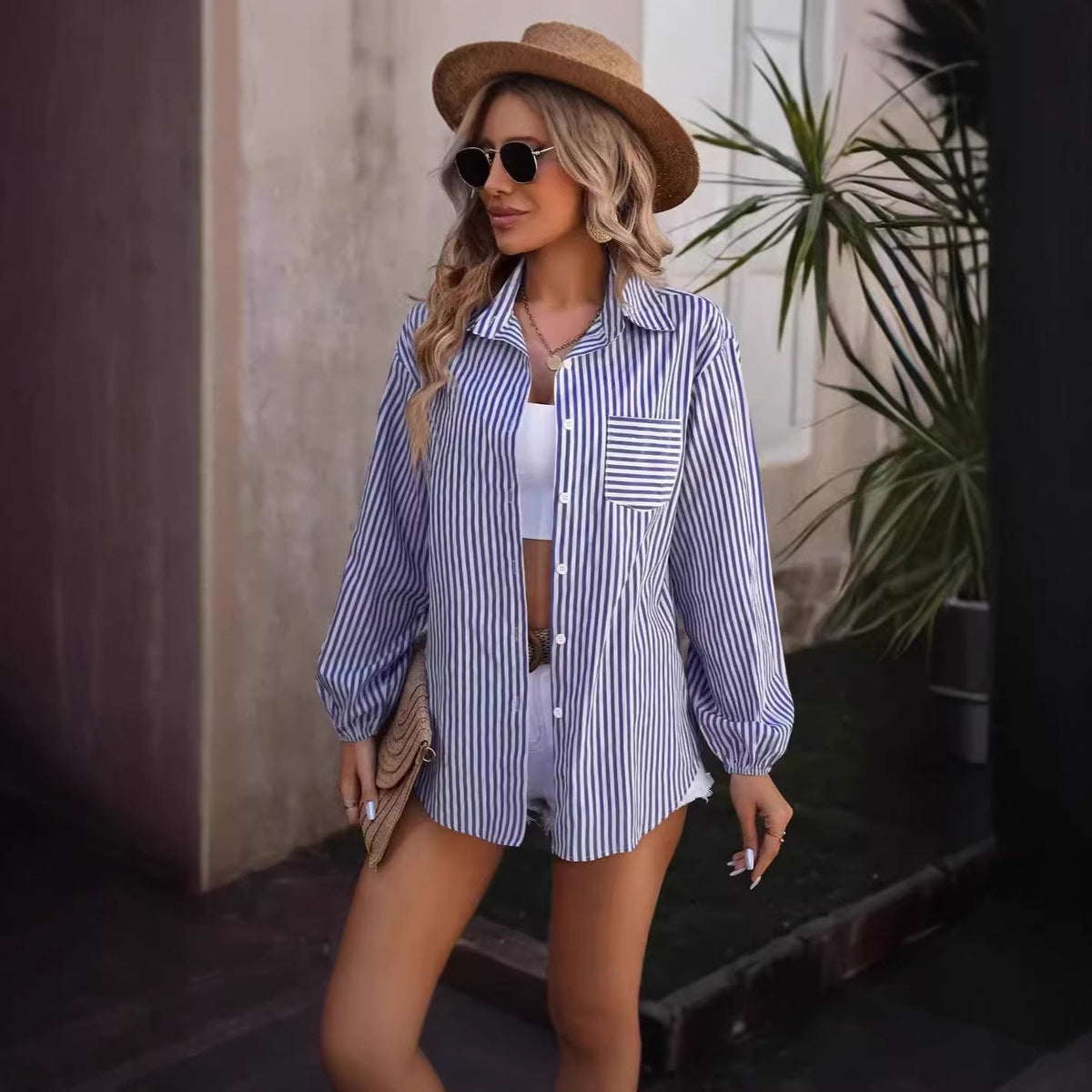 Chemisier Oversized à Rayures pour Femmes avec Poche Poitrine et Manches Bouffantes Echo Archiv