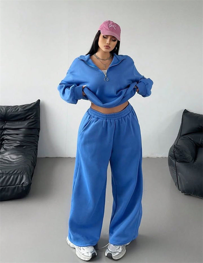 Sweat à capuche zippé cropped en velours pour femmes et pantalon jogging palazzo taille haute large Echo Archiv