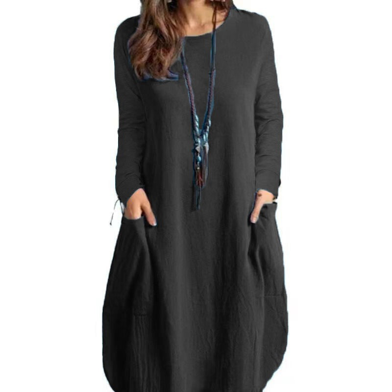 Robe longue en lin à coupe A pour femmes avec poches et col rond Echoarchiv