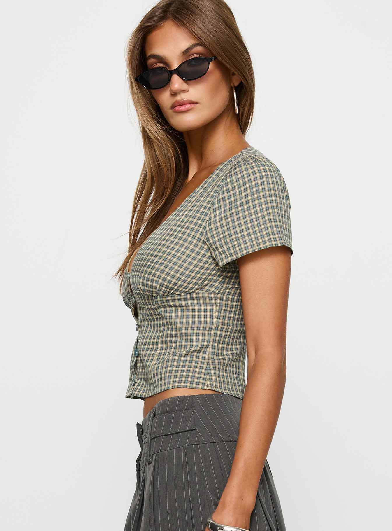 Blouse Femme à Manches Courtes à Carreaux avec Décolleté en V et Boutonnière Heidi-Mode