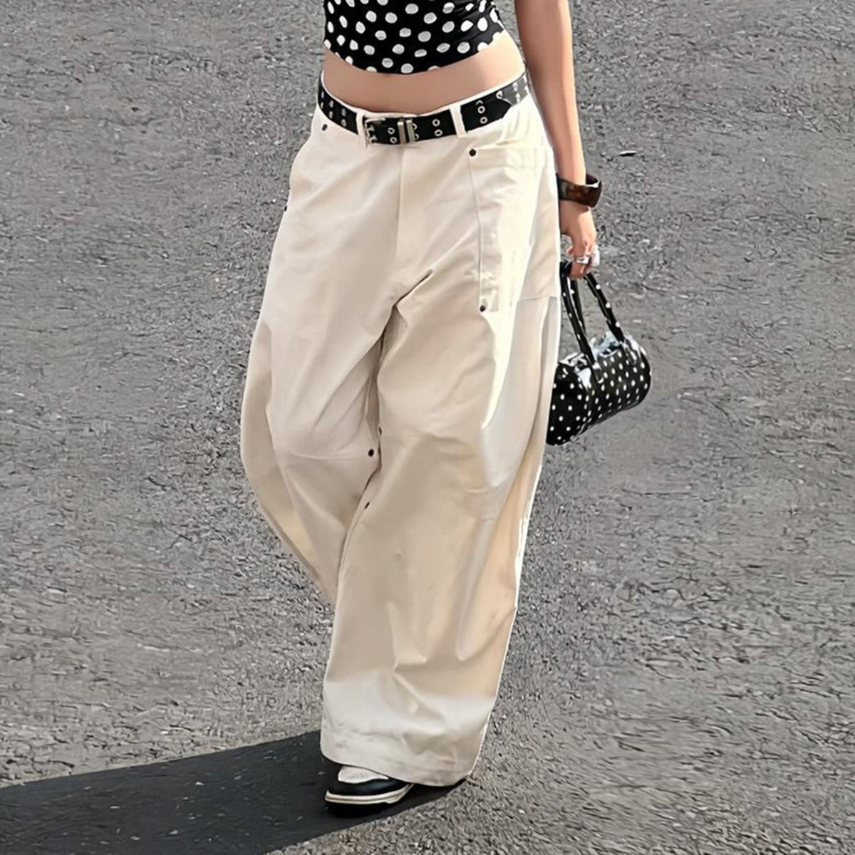 Pantalon en toile large taille haute pour femmes au style carpenter avec taille haute et poches plaquées Echo Archiv