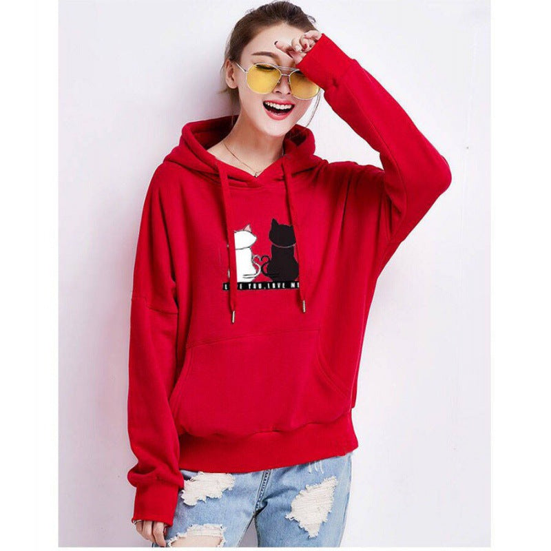 Sweat à capuche pour femmes avec imprimé de chat, coupe décontractée et poche kangourou Echo Archive