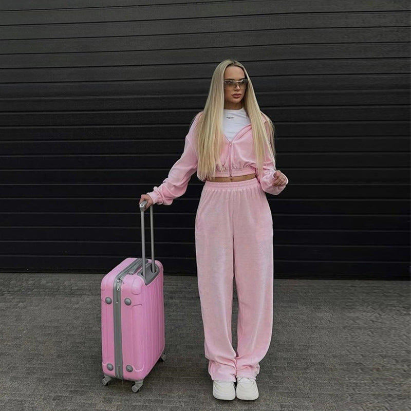 Ensemble lounge en velours pour femmes avec hoodie court à zip, ceinture en rib élastique et pantalon palazzo taille haute