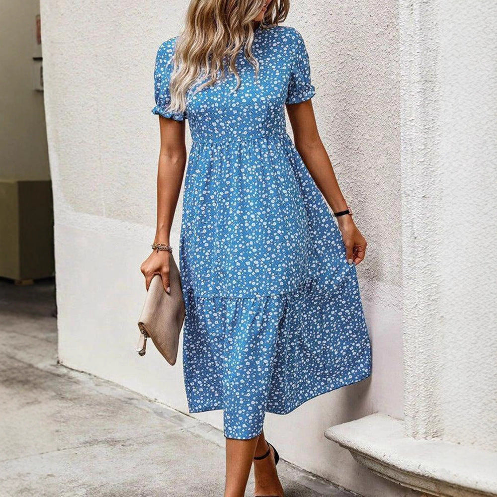 Robe midi légère pour femmes avec un motif floral continu, taille froncée et manches bouffantes courtes R&B