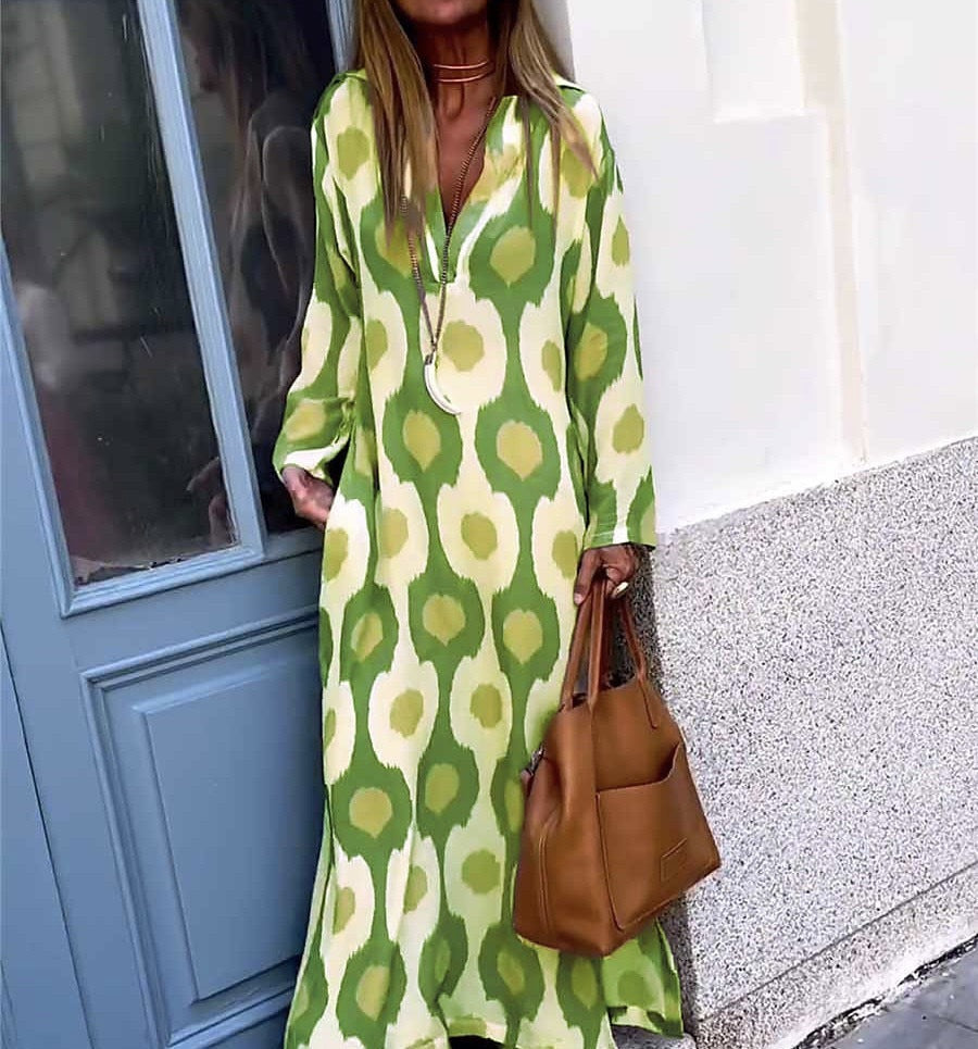 Robe maxi Boho longue pour femmes avec décolleté en V, coupe décontractée et imprimé all-over saisissant Echoarchiv
