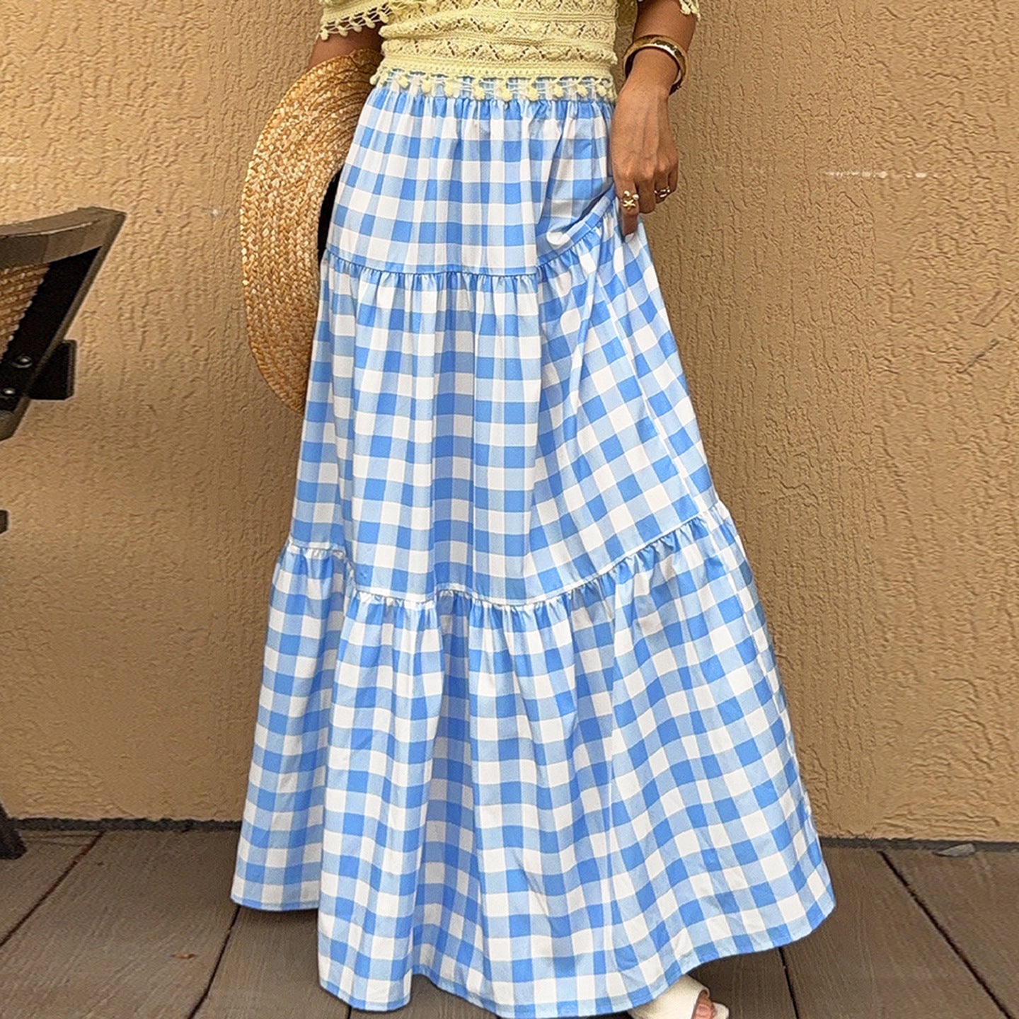 Jupe longue en viscose pour femmes avec un motif à carreaux volumineux et une taille élastique R&B
