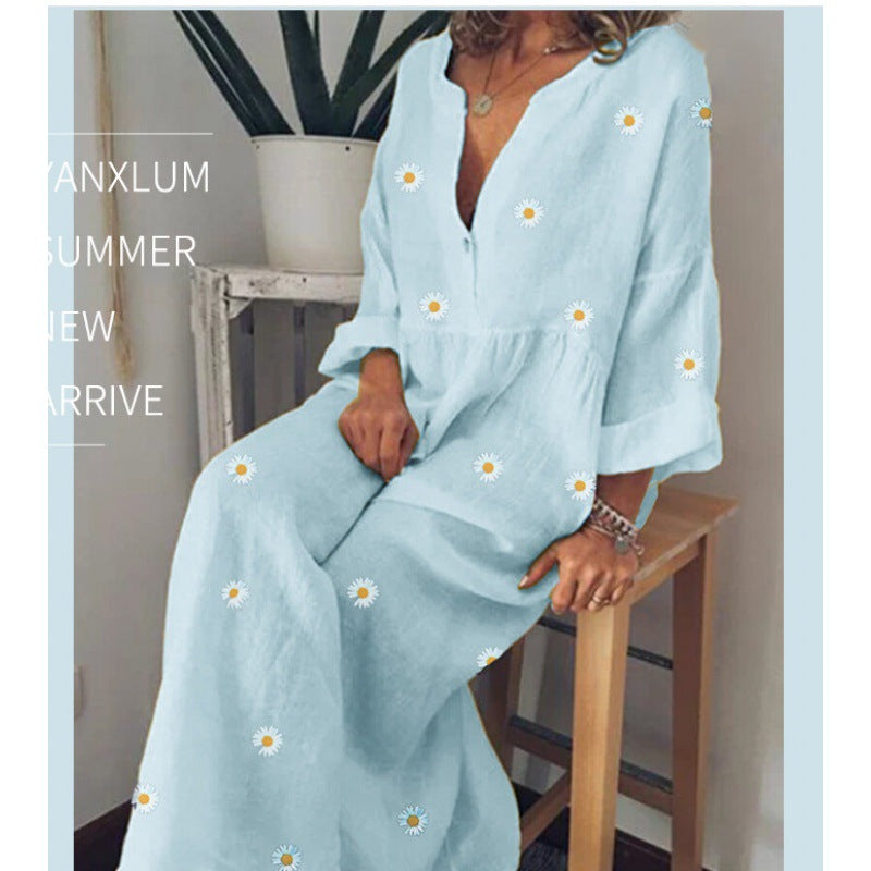 Robe maxi en look lin pour femmes avec décolleté en V profond, taille empire décontractée et imprimé marguerites Echo Archive