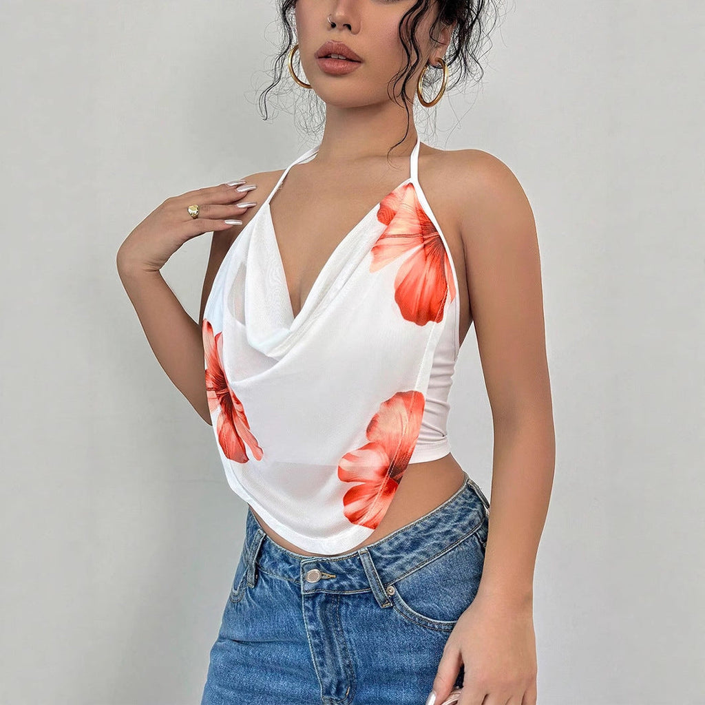 Top à manches pour femmes avec décolleté en V profond et design floral R&B