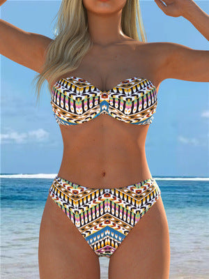 Bikini bandeau pour femmes avec un motif ethnique stylé et une taille haute R&B