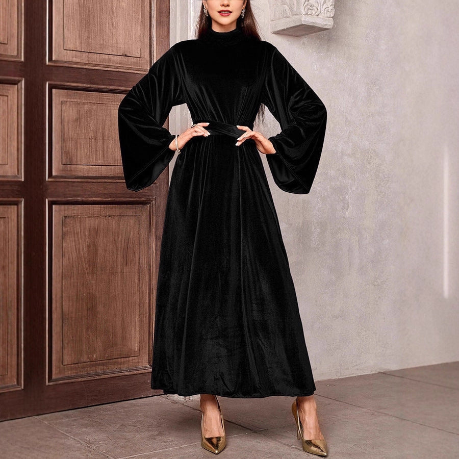 Robe maxi en velours pour femmes avec col montant, manches évasées et ceinture à la taille