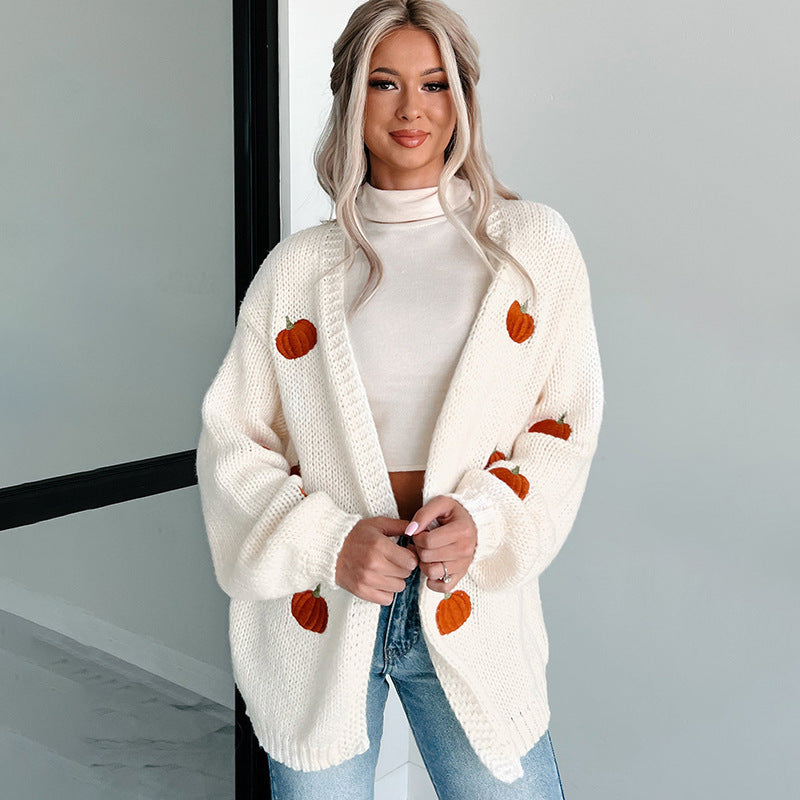 Cardigan en tricot oversized douillet pour femmes avec broderie de citrouille Echoarchiv