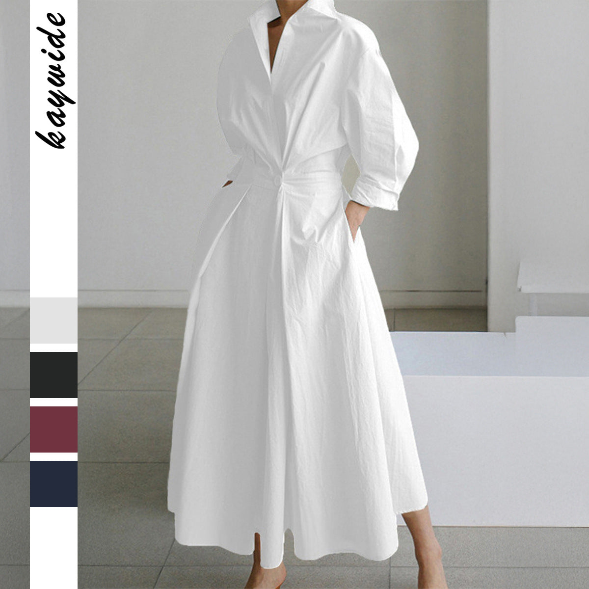 Robe chemise cintrée pour femmes avec col carré, manches mi-longues, poches latérales et jupe évasée Echo Archiv