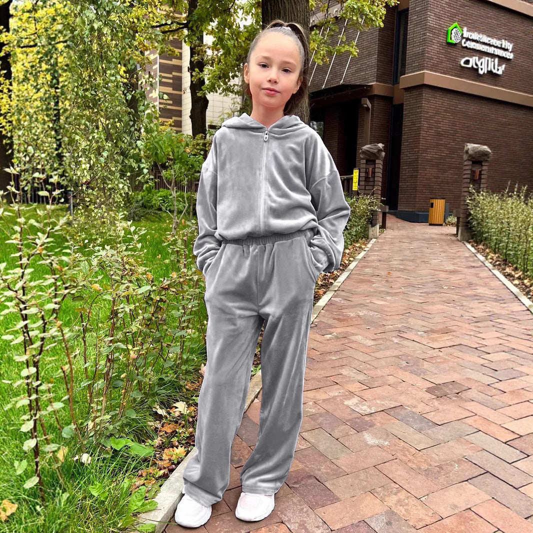Ensemble de jogging à capuche en velours pour femmes avec fermeture éclair intégrale, ceinture élastique à cordon et jambe droite