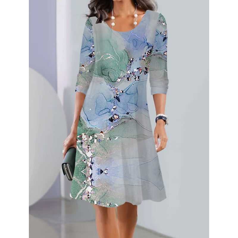 Robe A-ligne pour femmes avec imprimé floral, décolleté en U, manches trois-quarts et doux dégradé Ombre Echoarchiv