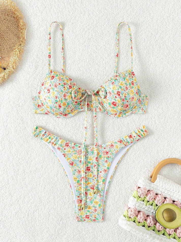 Bikini Floral Femme avec Ruffles de Haute Qualité et Bretelles Réglables R&B
