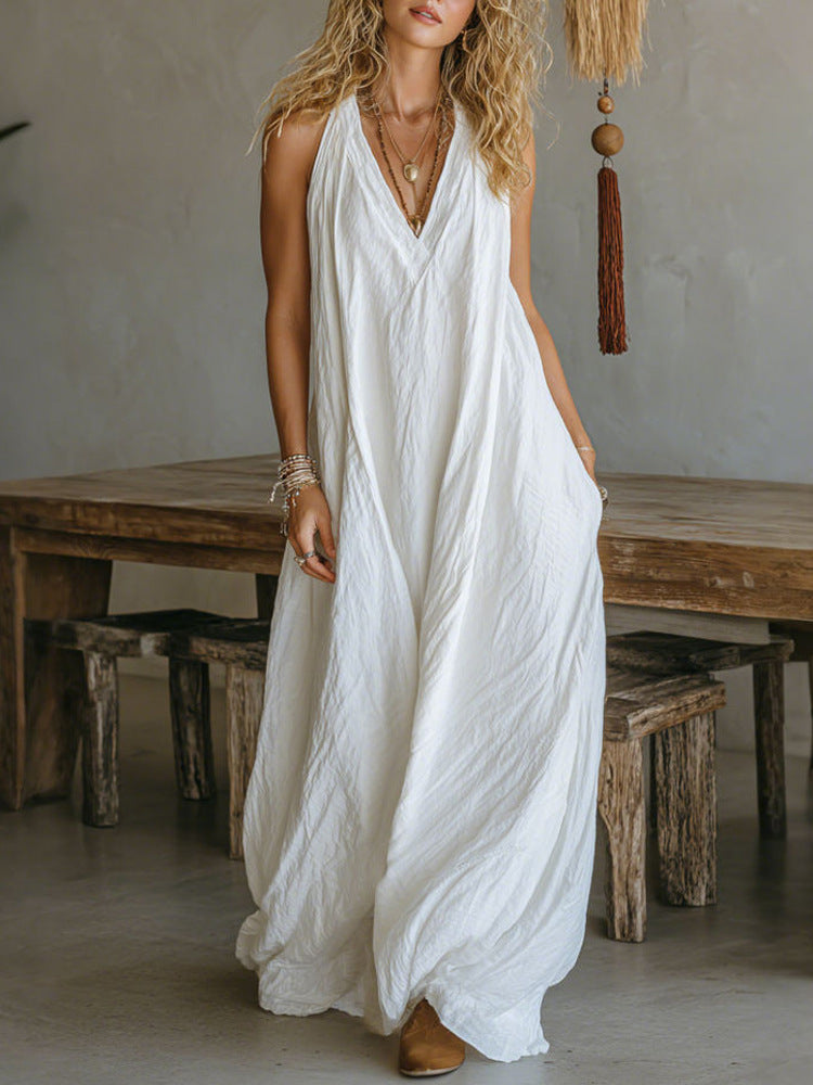 Robe Maxi Décontractée pour Femmes avec Coupe Asymétrique et Décolleté en V de R&B