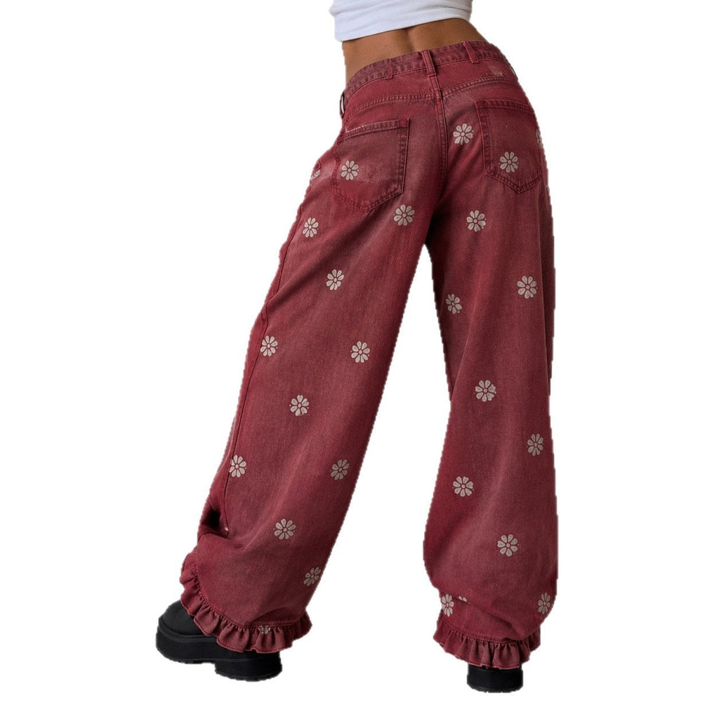 Pantalon en denim large pour femmes avec imprimé marguerite, taille haute et finitions volantes