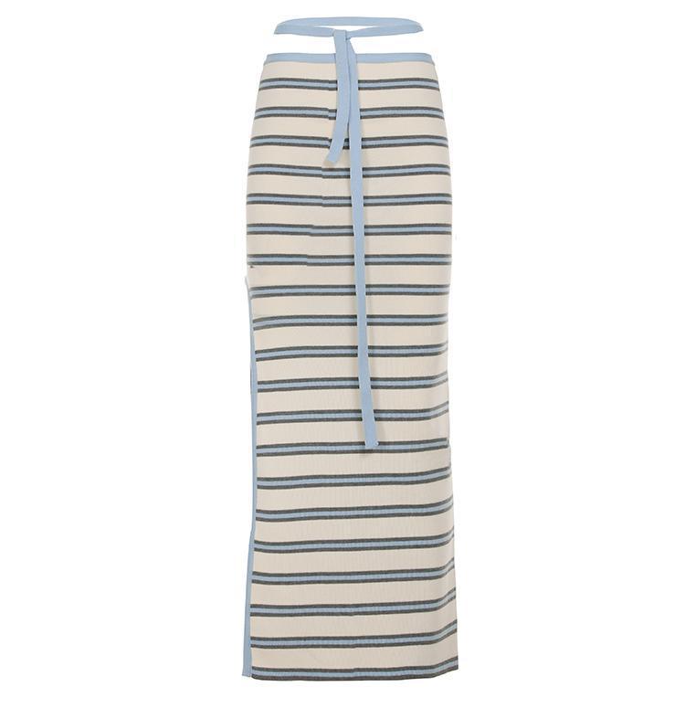 Jupe longue rayée pour femmes avec taille haute et ceinture à nouer R&B