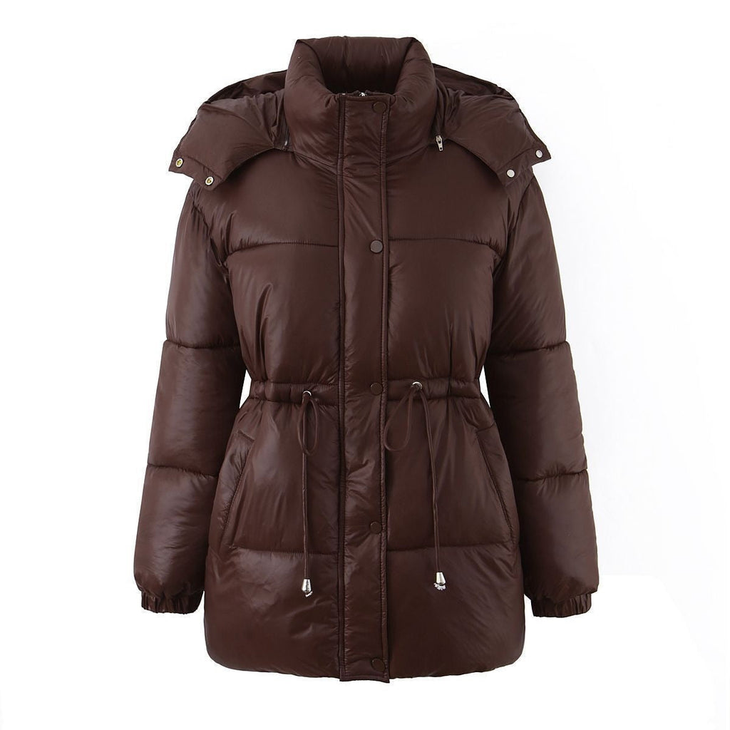 Veste à capuche pour femmes avec cordon de taille ajustable et finition brillante