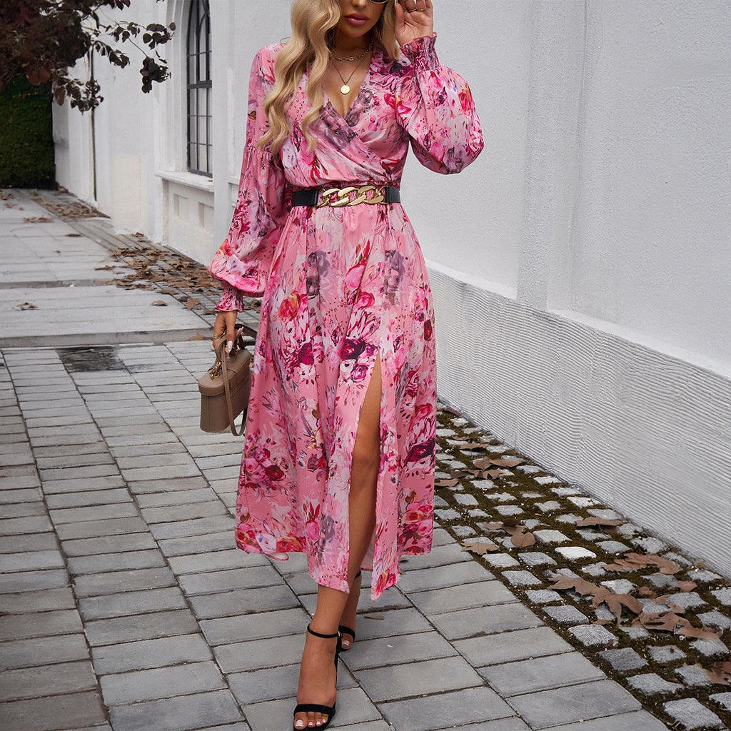 Robe midi portefeuille pour femmes avec décolleté en V, manches ballon et ceinture cintrante Echo Archiv