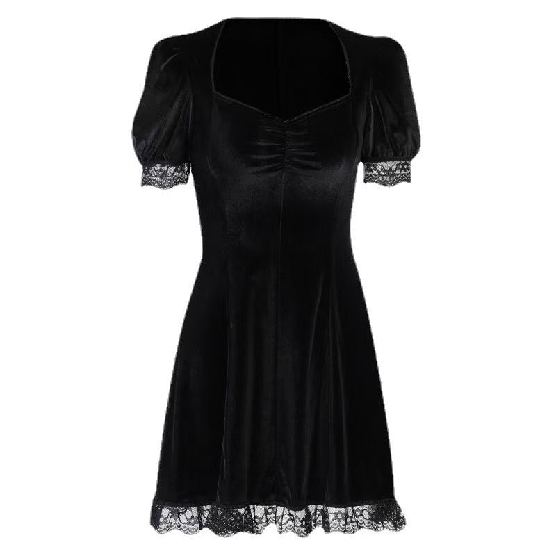 Robe Mini Femme Ludique avec Manches Bouffantes et Dentelle Délicate R&B