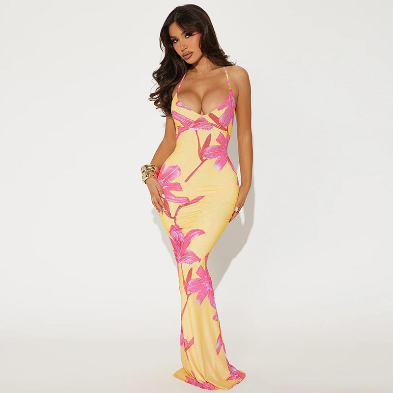 Robe maxi femme avec motif floral et fines bretelles spaghetti Heidi-Mode