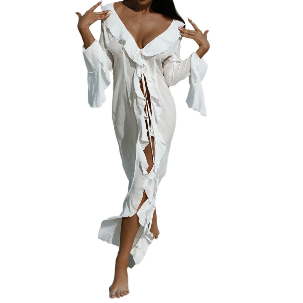 Robe de plage pour femmes avec des volants raffinés et un décolleté en V profond R&B