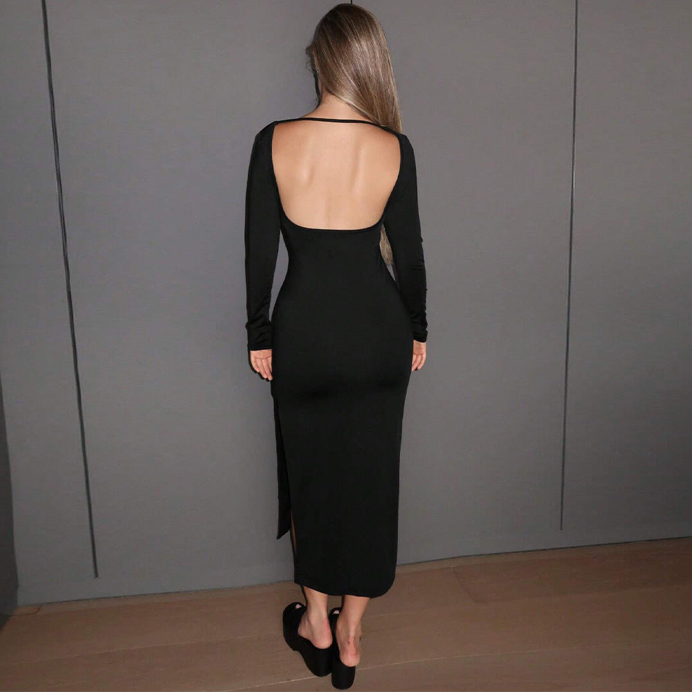 Robe midi ajustée pour femmes avec encolure bateau, manches longues et fente latérale