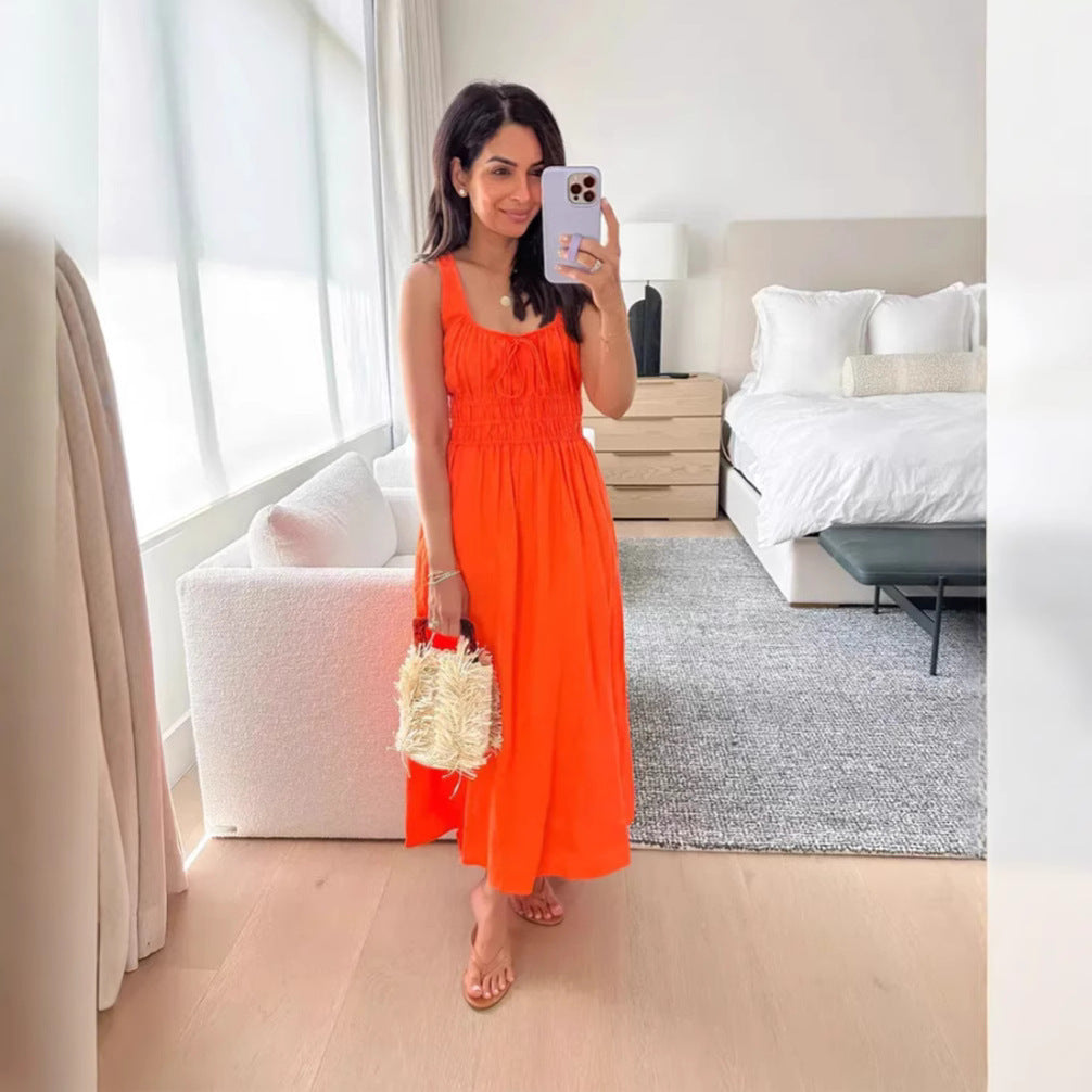 Robe midi en look lin avec bustier froncé, taille élastique et larges bretelles R&B