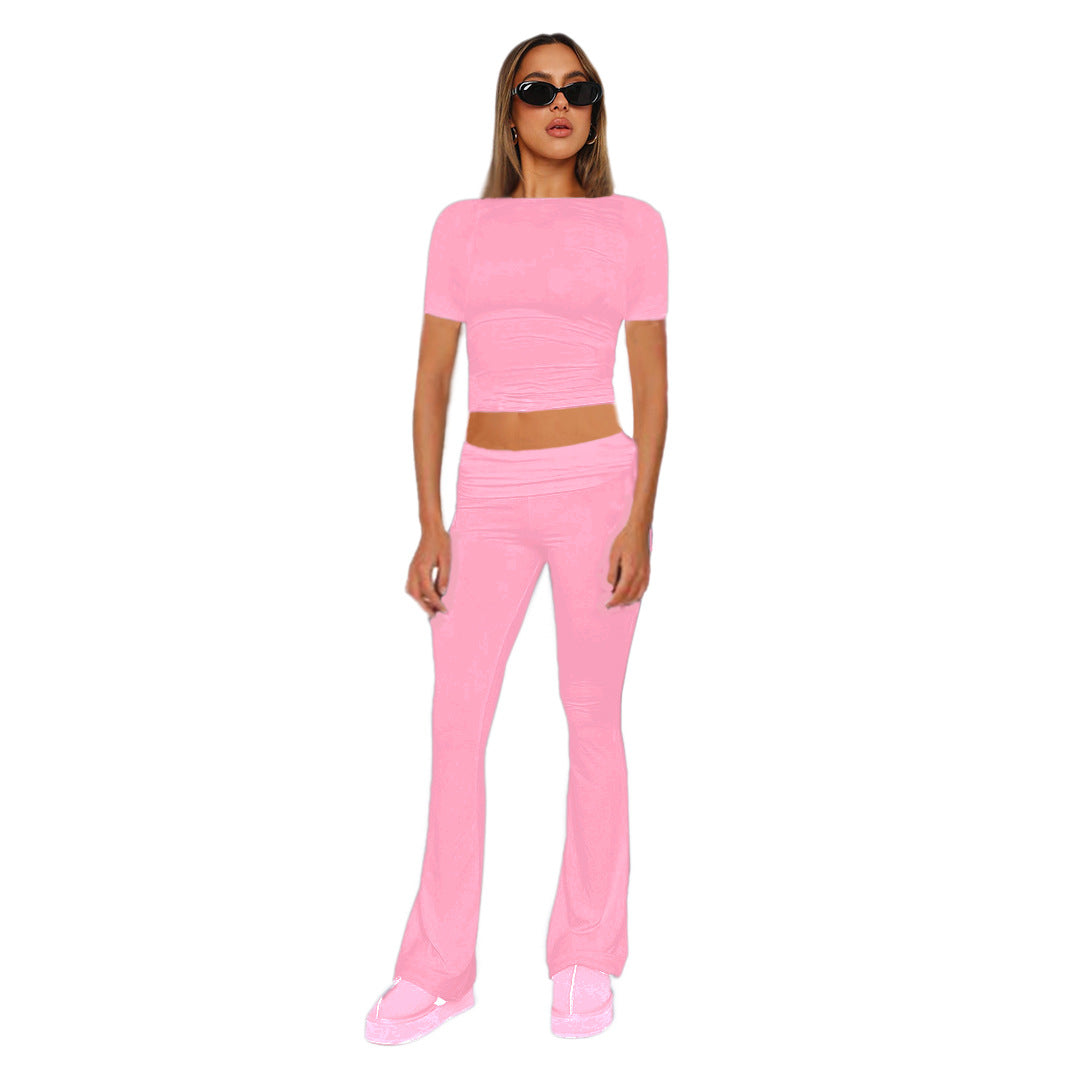 Ensemble femme crop en jersey stretch avec pantalon taille haute évasé Echoarchiv